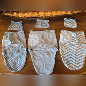 3 Pack Baby Swaddle Sleep Sacks with hats set in Gray and White
